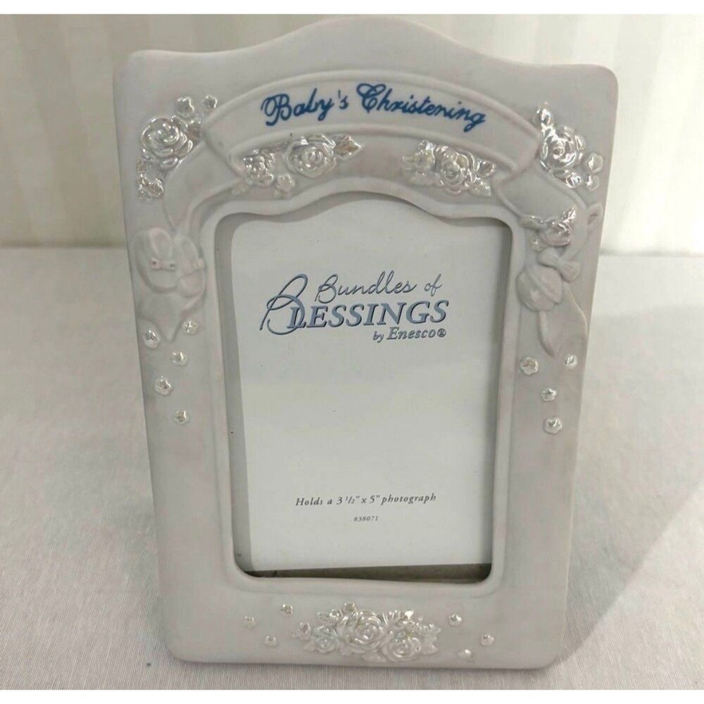 Enesco Baby's Christening Picture Frame Ceramic Porcelain Floral Ribbon Keepsake